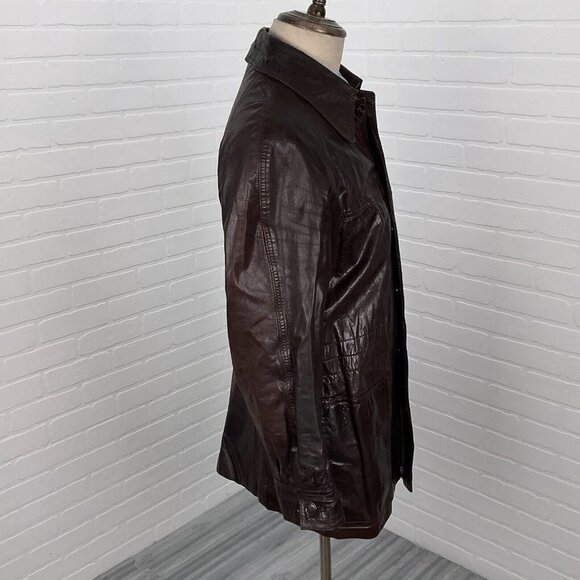 Beged-Or Coat Mens 40 Dark Brown Leather Patent 70s Coat Israel Vintage Jacket - Picture 5 of 11